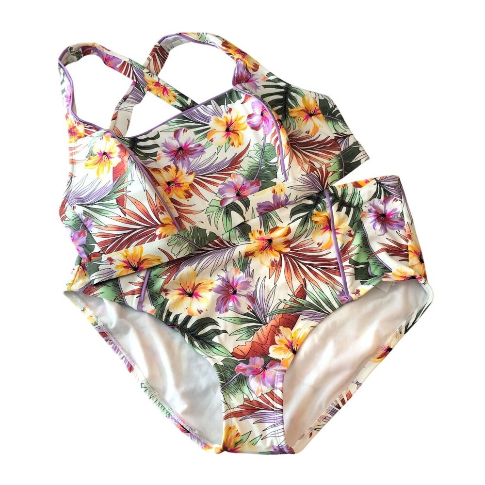 California Sunshine Bikini Set Crossback High Rise Piping Floral Purple 2X